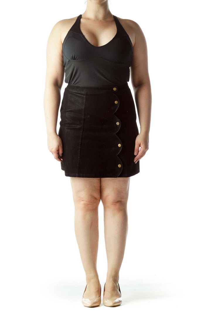 Black Front Snap Metallic Buttons Design A-Line Skirt