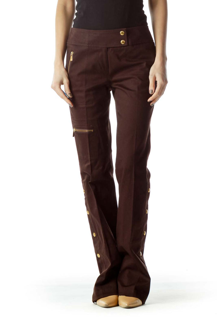 Brown Gold Hardware Zippered Straight-Leg Pants