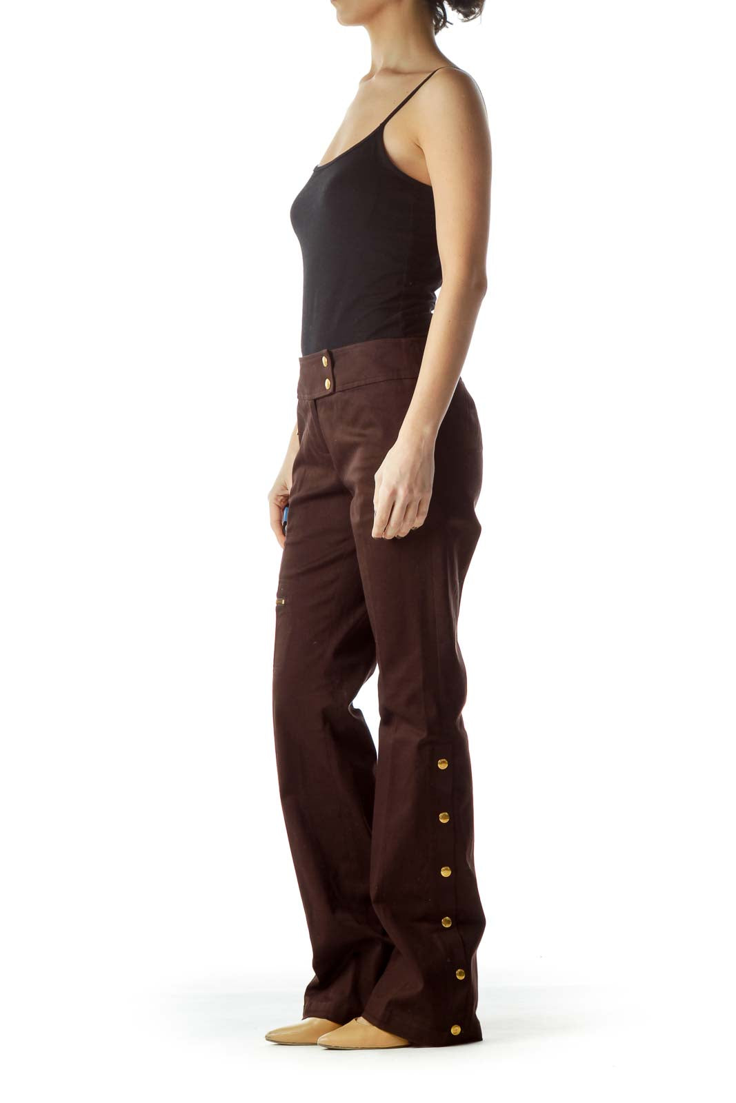 Brown Gold Hardware Zippered Straight-Leg Pants