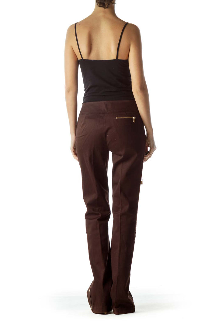 Brown Gold Hardware Zippered Straight-Leg Pants