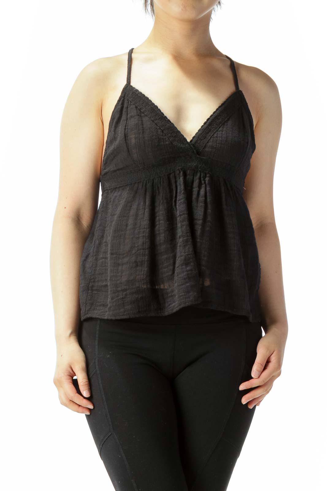 Front view of black flowy camisole top with lace trim by Melrose and Market