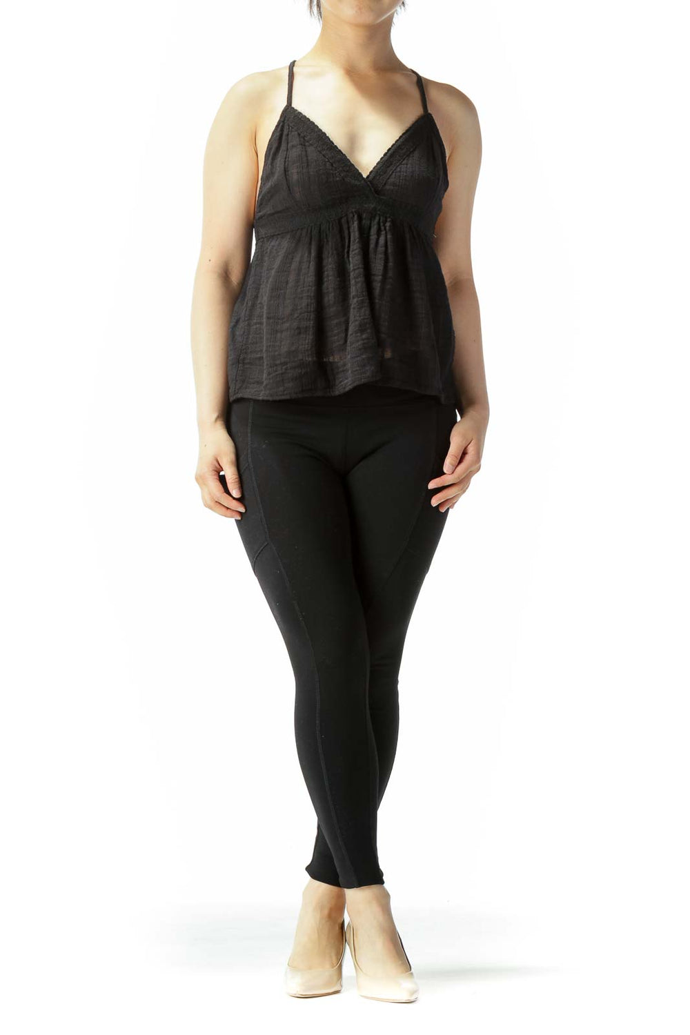 Front view of black flowy camisole top with lace trim by Melrose and Market