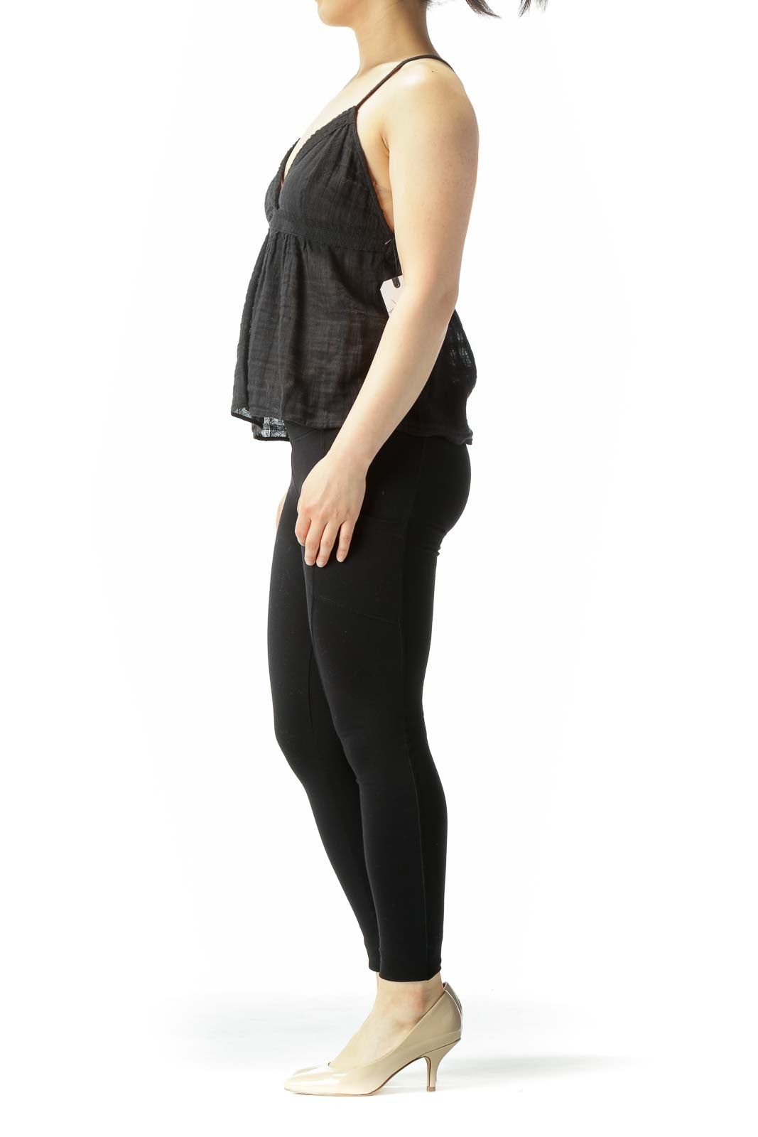 Front view of black flowy camisole top with lace trim by Melrose and Market