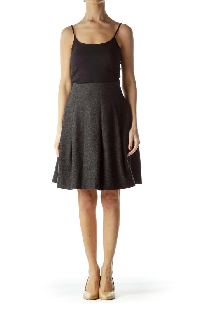 Gray Wool Pleated Flared Skirt