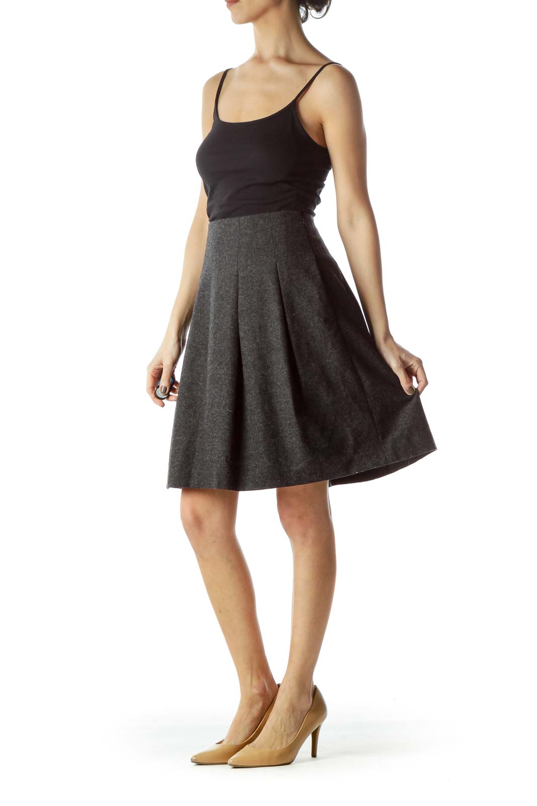 Gray Wool Pleated Flared Skirt