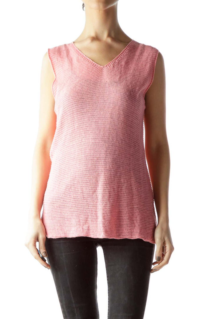 Pink V-Neck Sleeveless 100% Linen Knitted Top