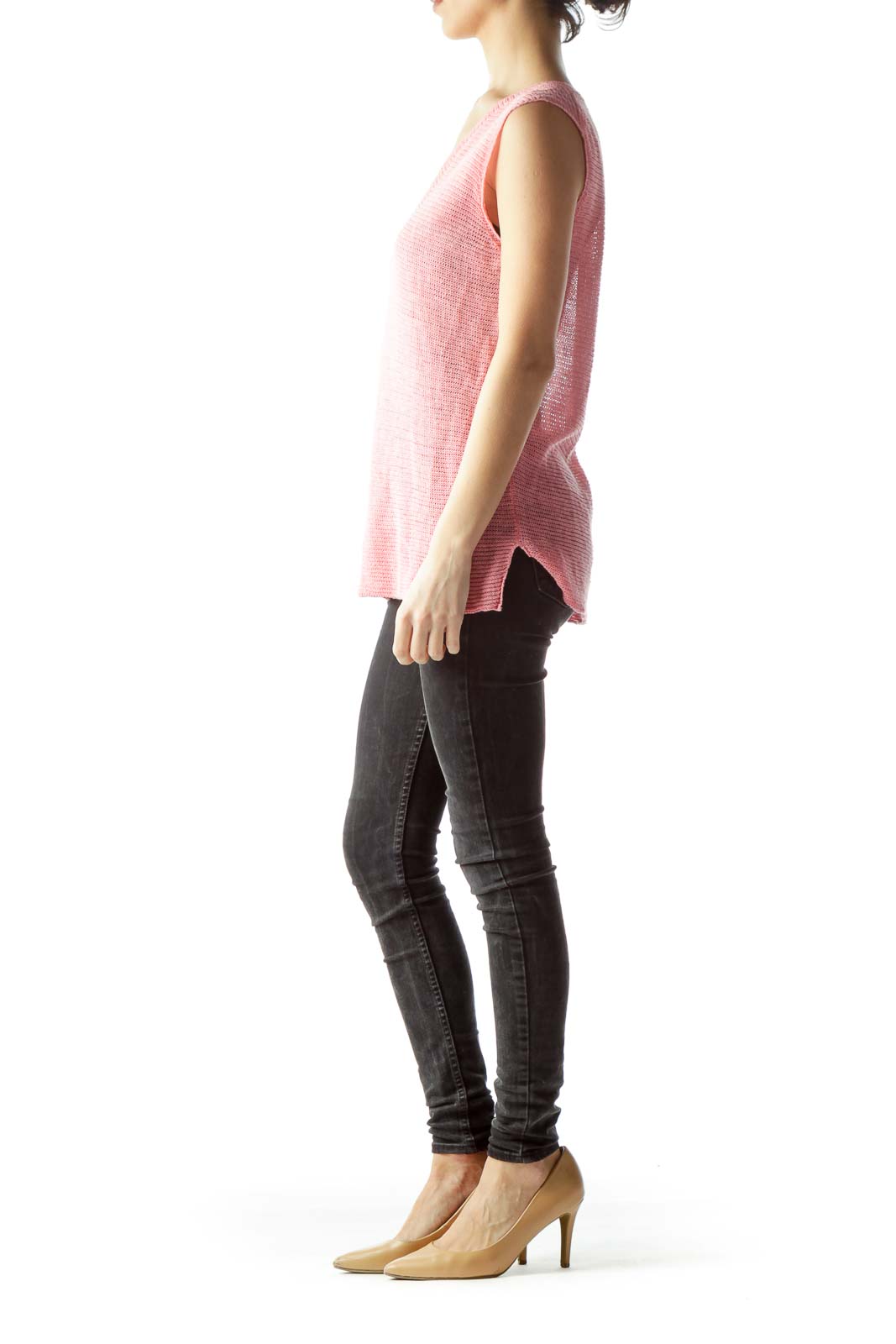 Pink V-Neck Sleeveless 100% Linen Knitted Top