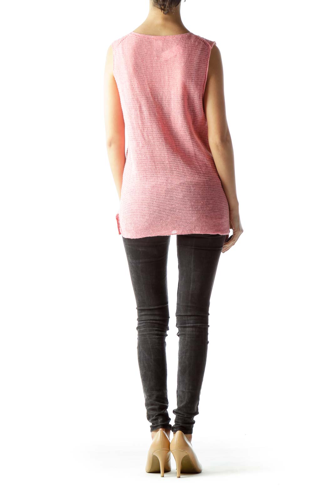 Pink V-Neck Sleeveless 100% Linen Knitted Top