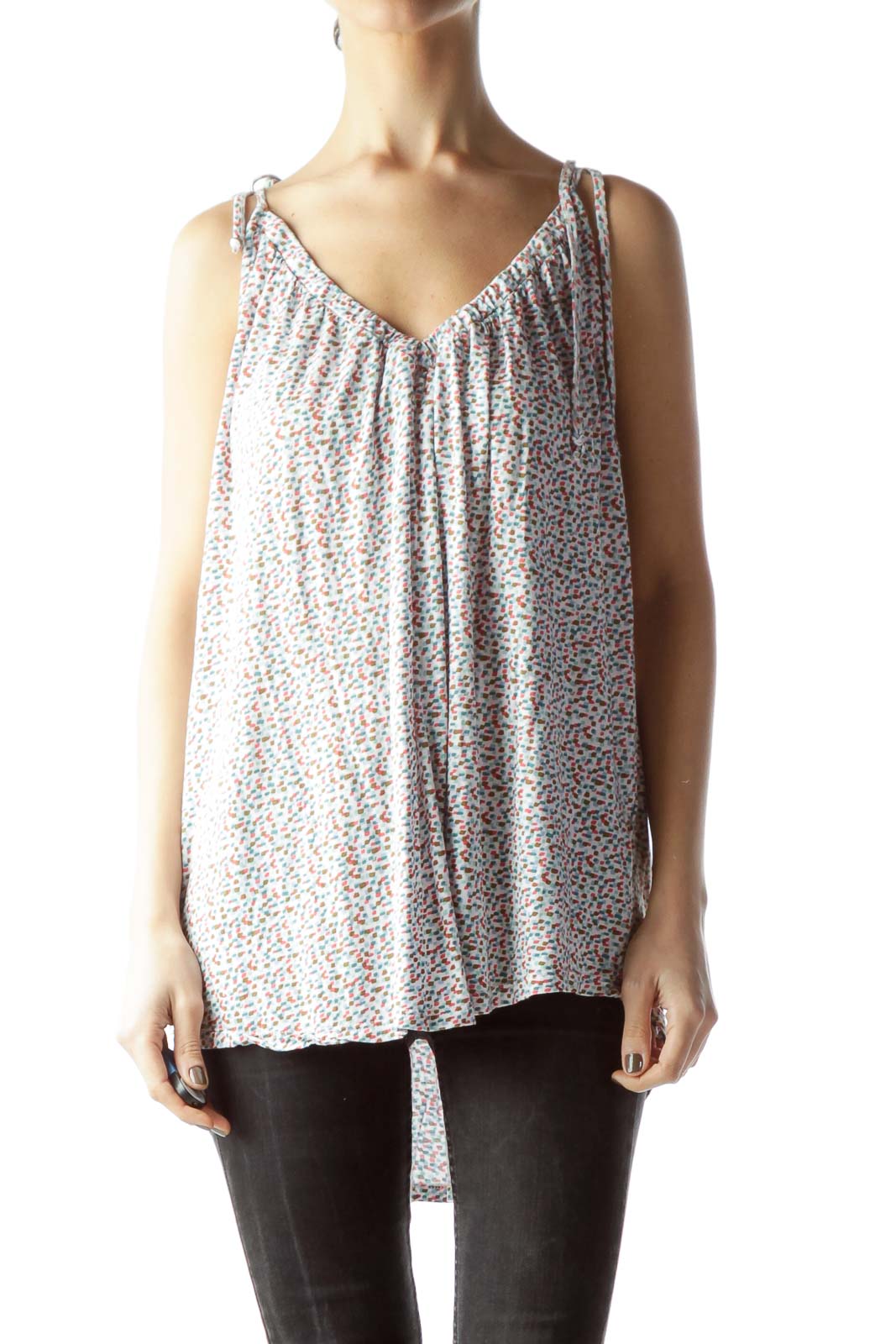 Front view of Pure Good white floral print sleeveless blouse with V-neck