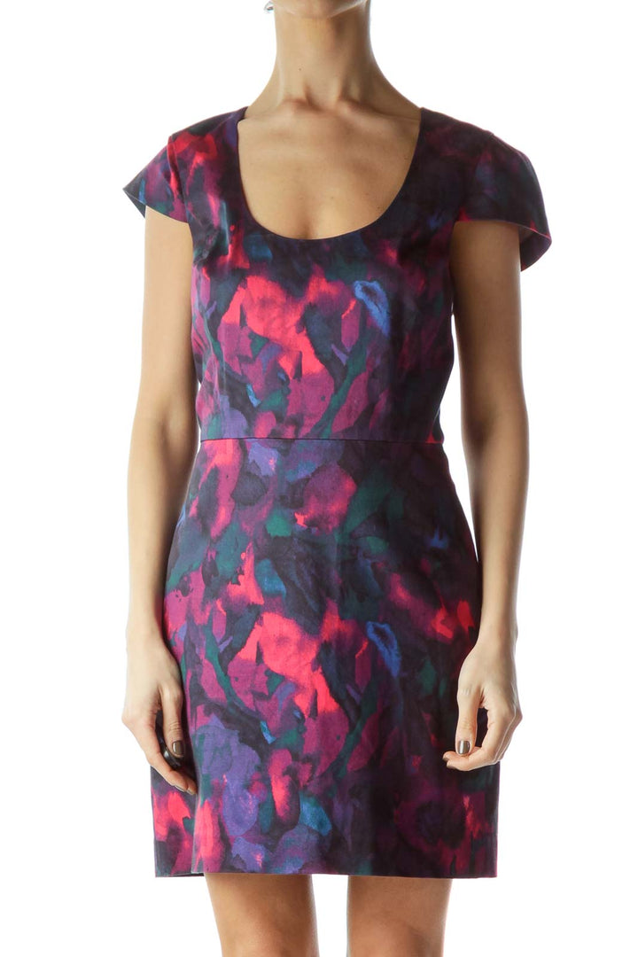 Multicolored Print Cap Sleeves Work Dress