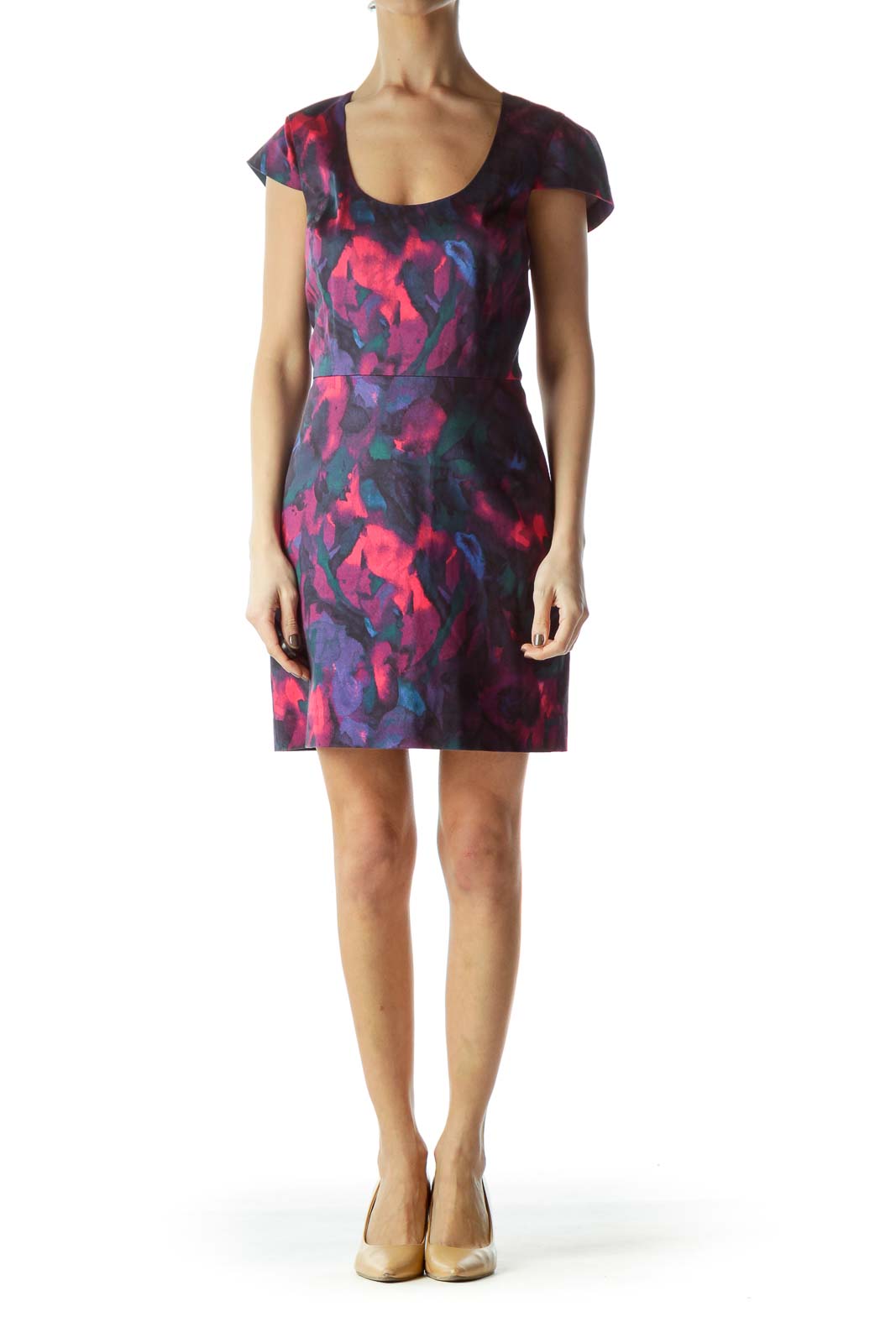 Multicolored Print Cap Sleeves Work Dress