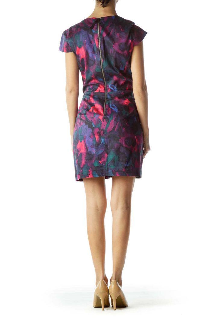 Multicolored Print Cap Sleeves Work Dress