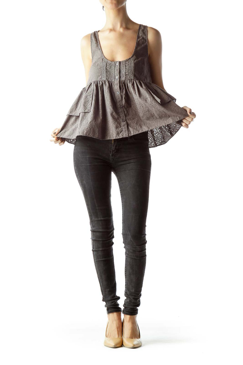 Front view of gray ruffled button-front tank top by Free People