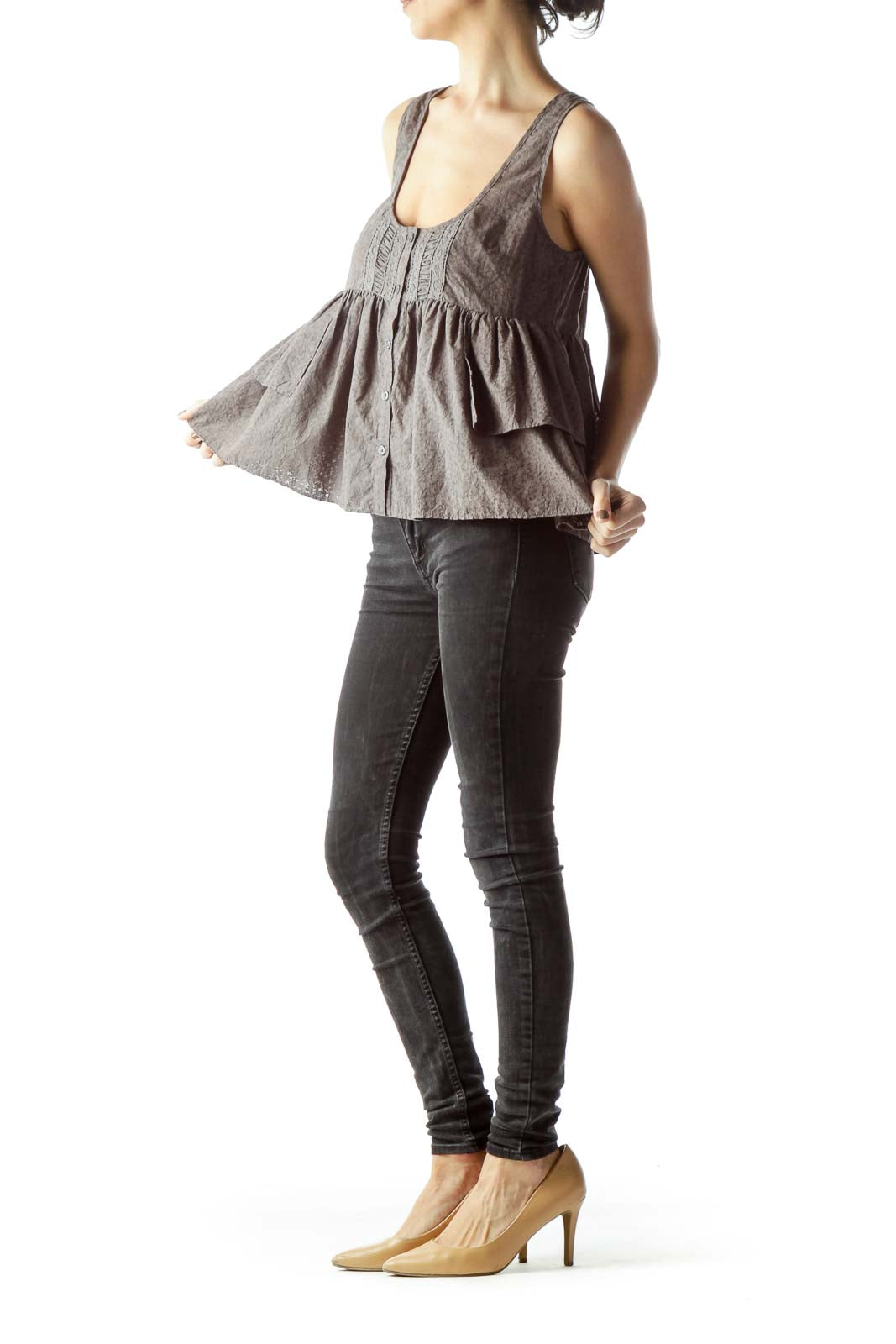 Front view of gray ruffled button-front tank top by Free People