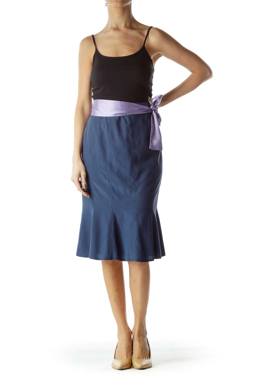 Blue Lilac Ribbon Belt 100% Silk Flared Skirt