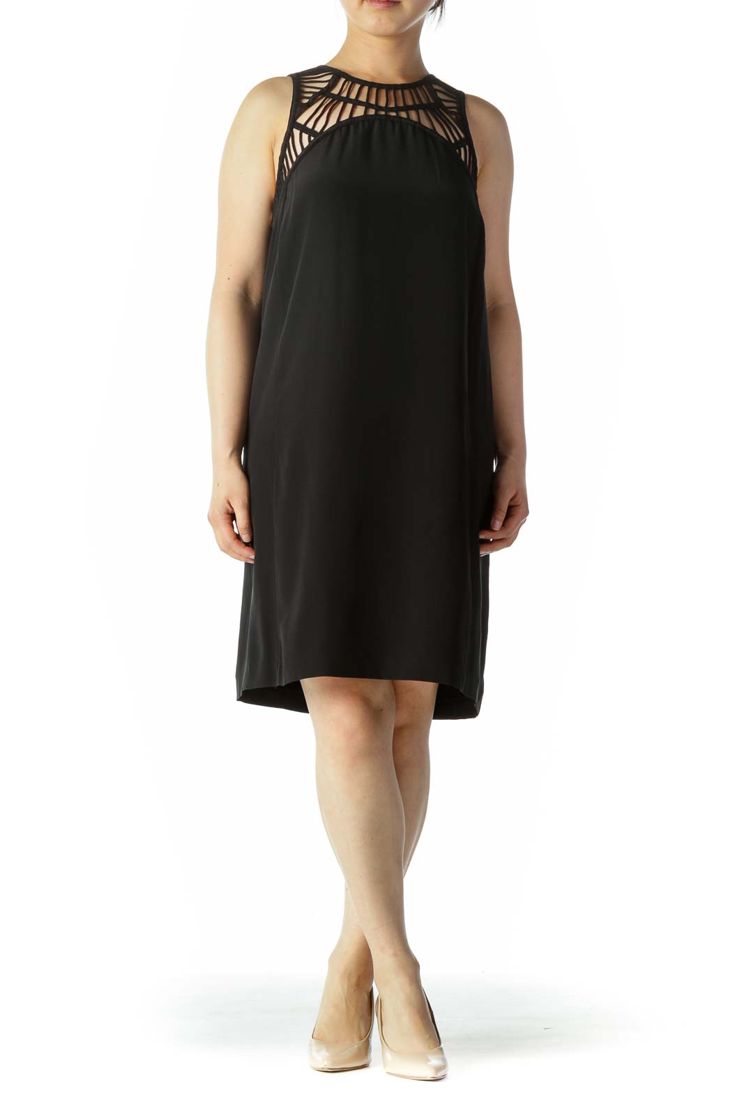 Front view of black Hoss cocktail dress with cutout neckline