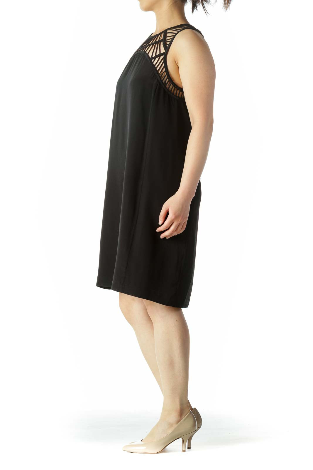 Front view of black Hoss cocktail dress with cutout neckline