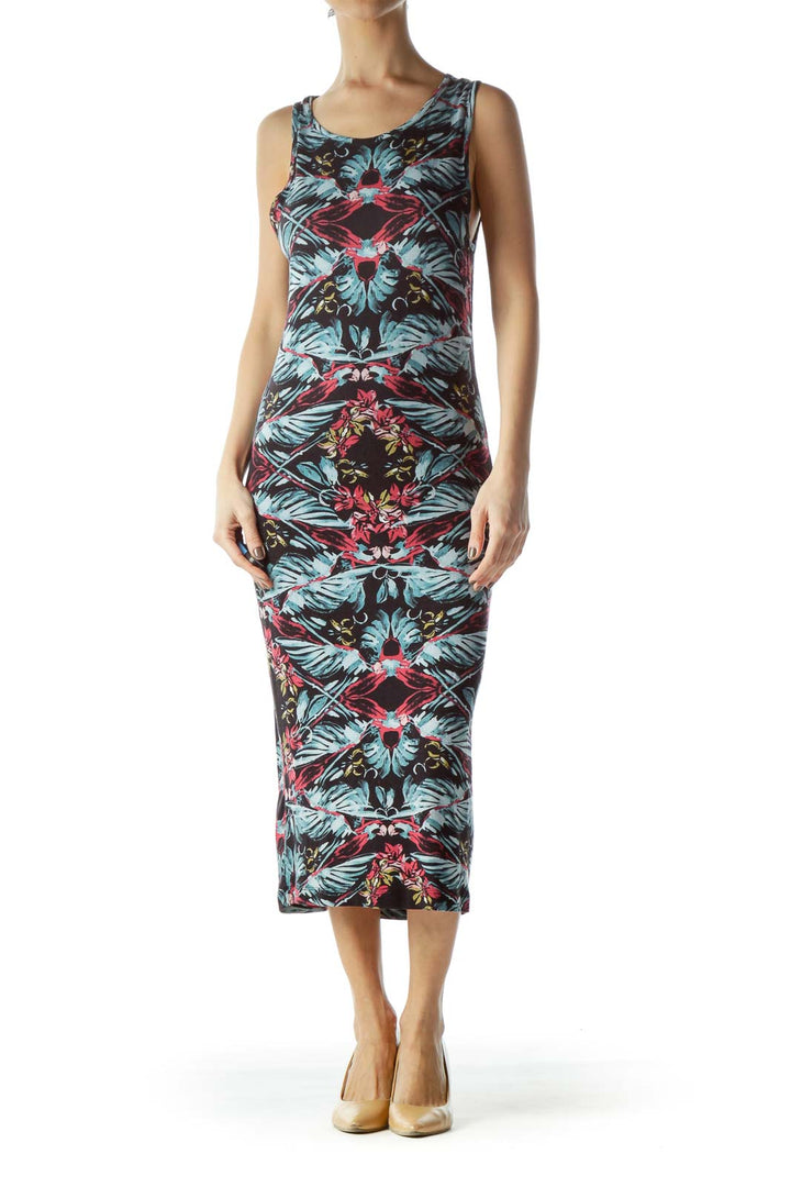 Front view of Free People multicolor tropical print midi dress