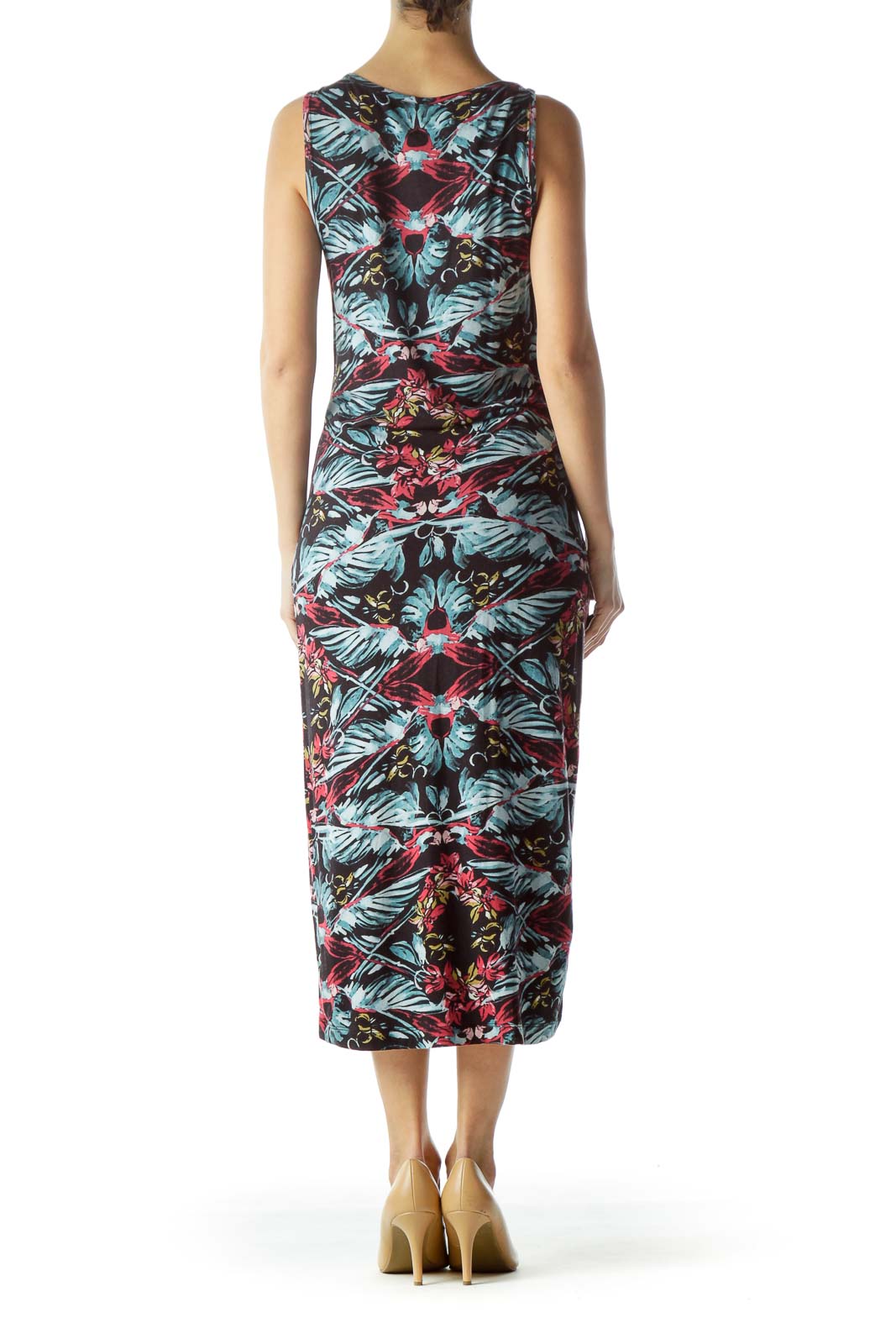 Back view of Free People multicolor tropical print midi dress