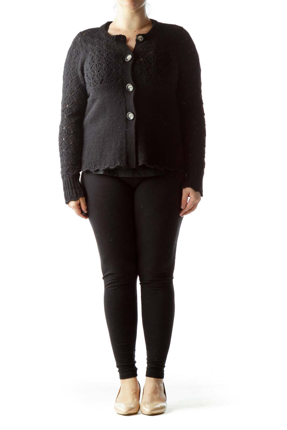 Front view of Juicy Couture black knit cardigan with lace pattern and silver buttons