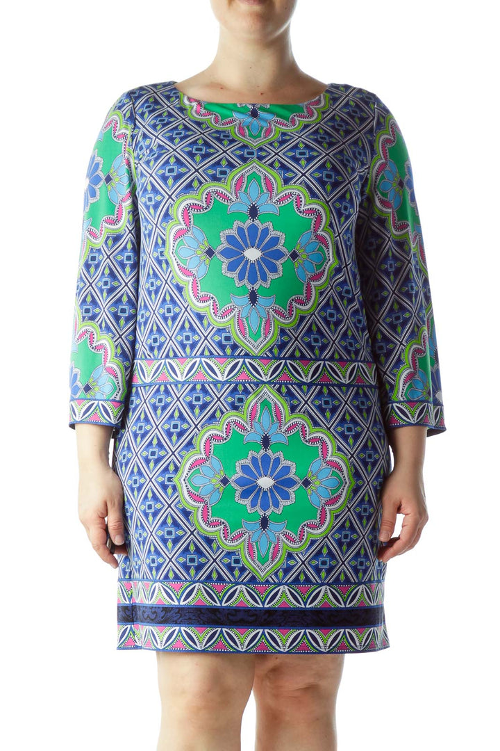 Multicolored Printed Stretch Shift Day Dress