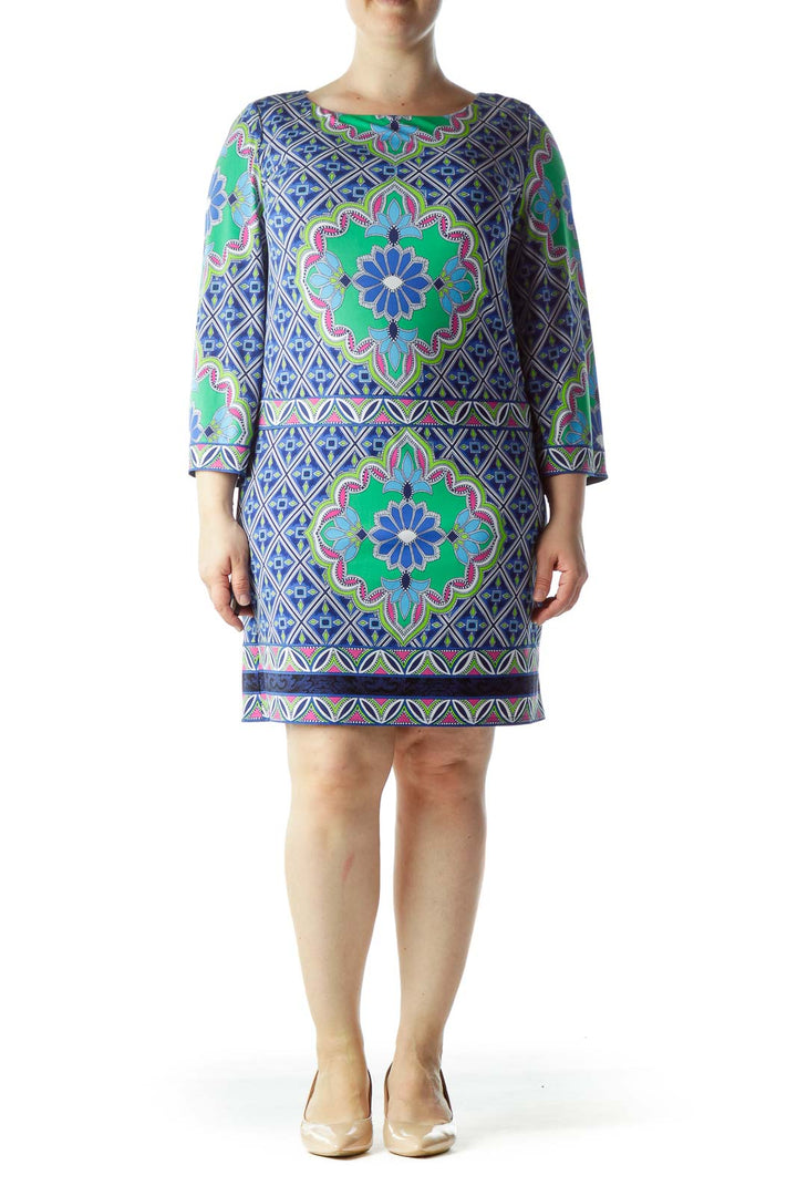 Multicolored Printed Stretch Shift Day Dress