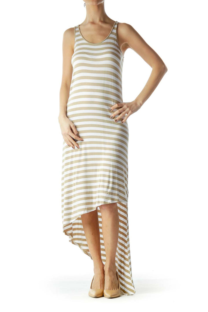 Beige White Striped Jersey-Knit High-Low Midi Dress