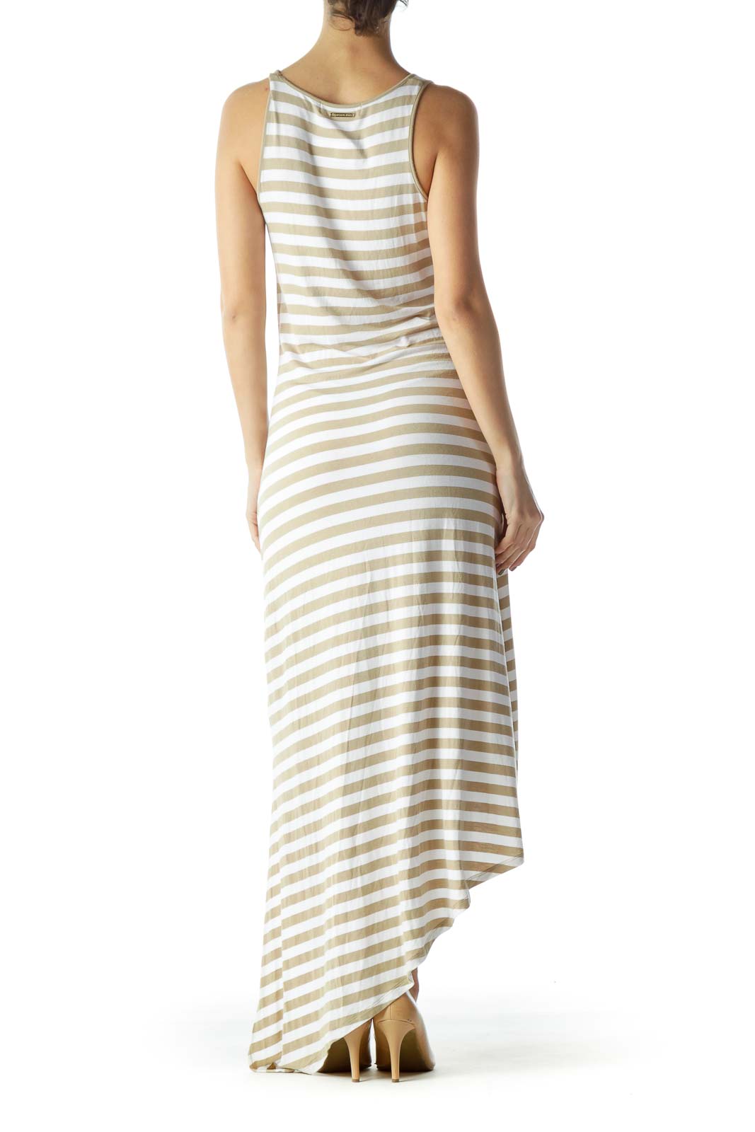 Beige White Striped Jersey-Knit High-Low Midi Dress