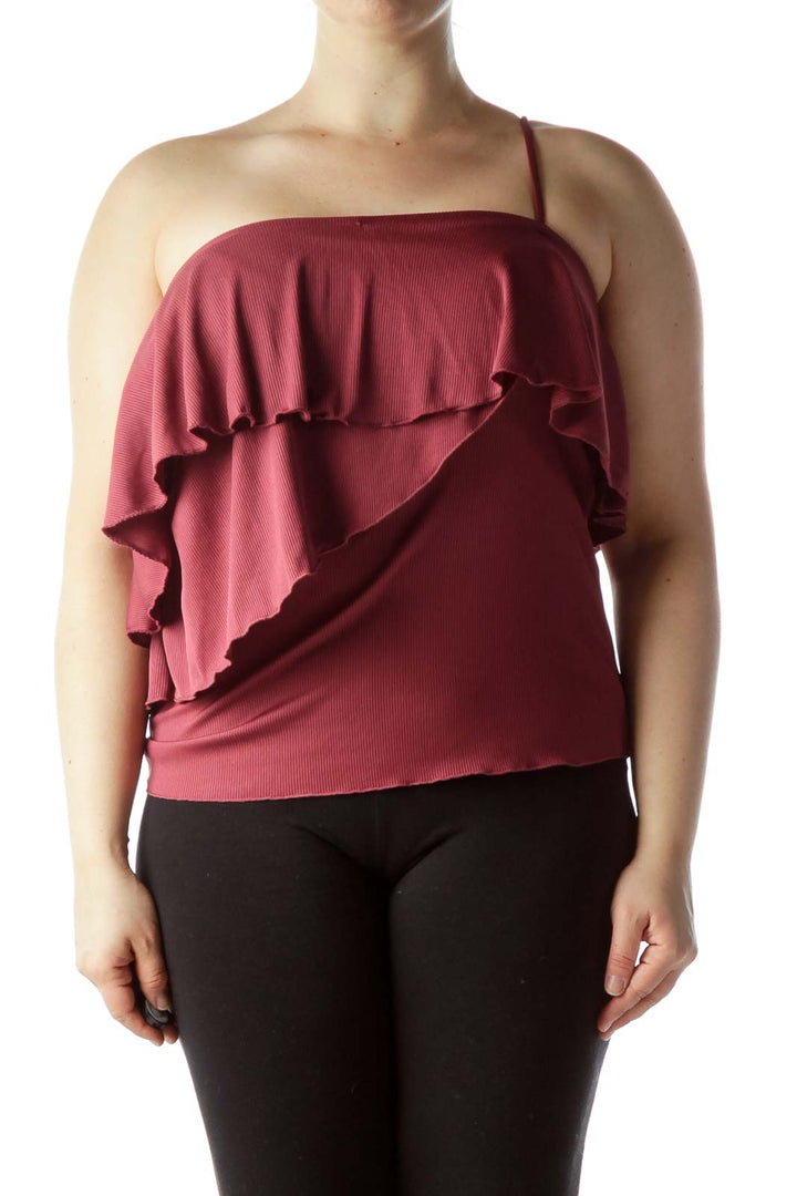 Front view of Chelsea28 burgundy one-shoulder ruffled ribbed top