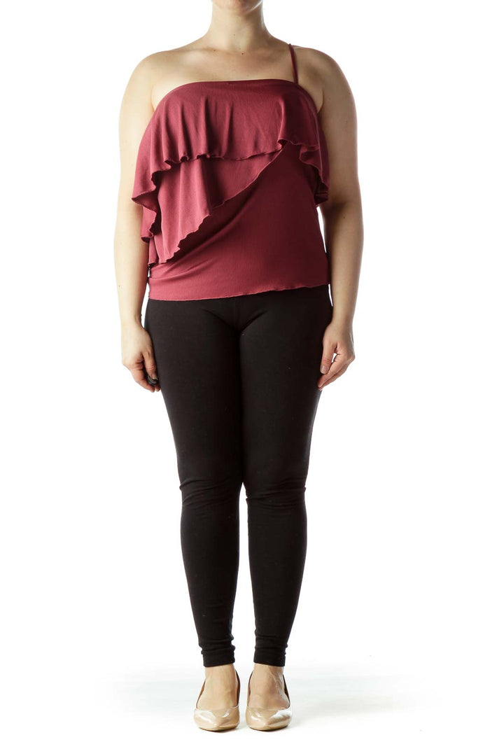 Front view of Chelsea28 burgundy one-shoulder ruffled ribbed top