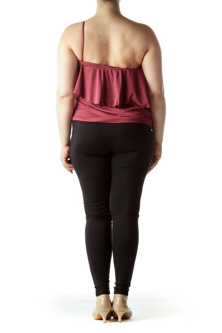 Back view of Chelsea28 burgundy one-shoulder ruffled ribbed top