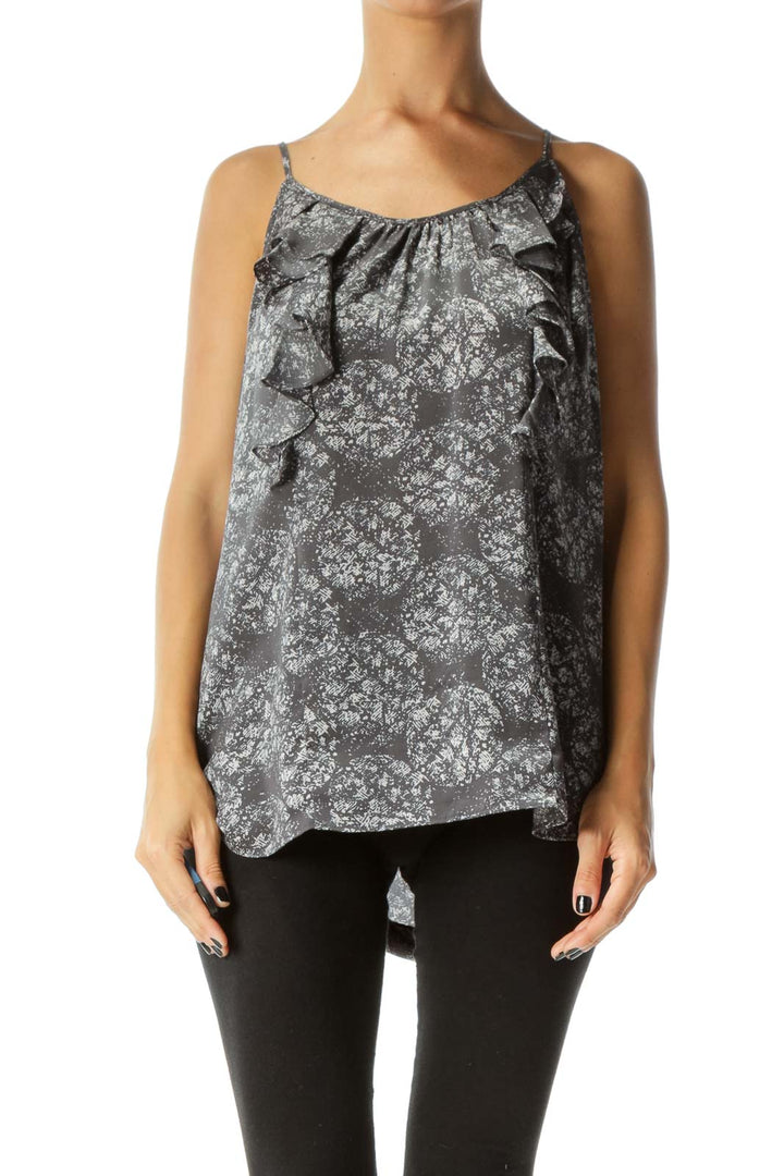 Gray Print Front Ruffles Sleeveless Shift Top