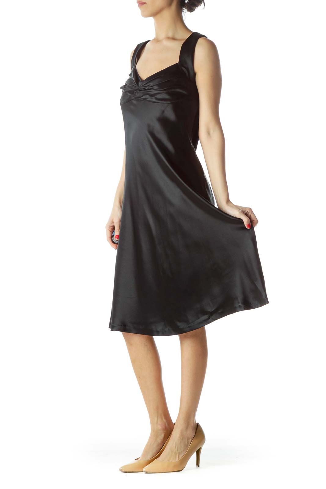 Black Shiny Sweetheart Neckline Flared Dress