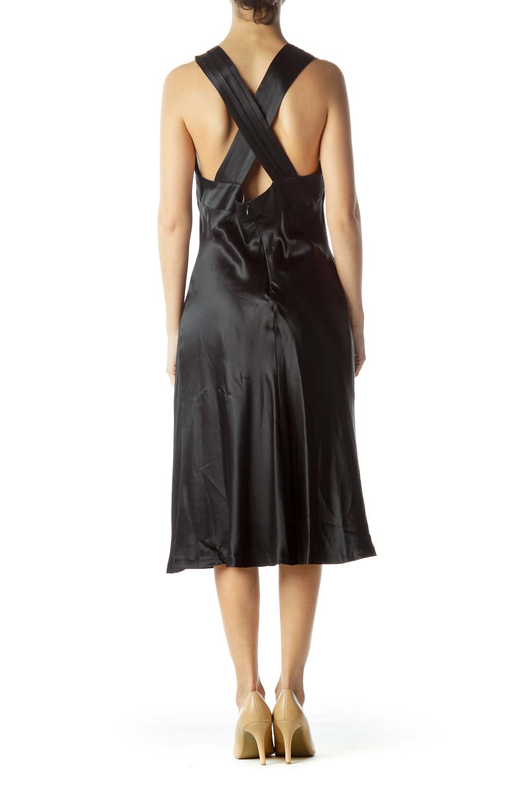 Black Shiny Sweetheart Neckline Flared Dress