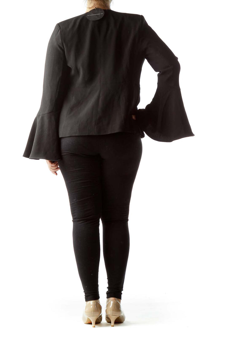 Back view of Harlowe & Graham black bell sleeve open front blazer