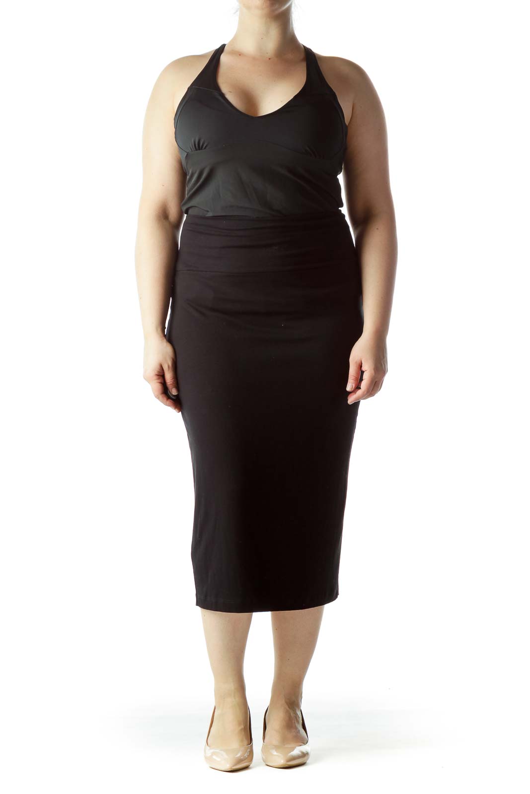 Black Stretch Slim Midi Pencil Skirt