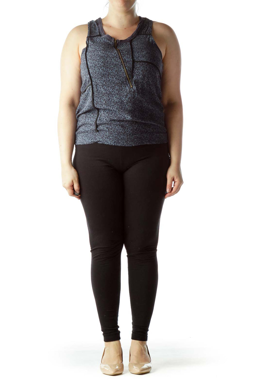 Front view of Line & Dot gray heathered zip-front tank top