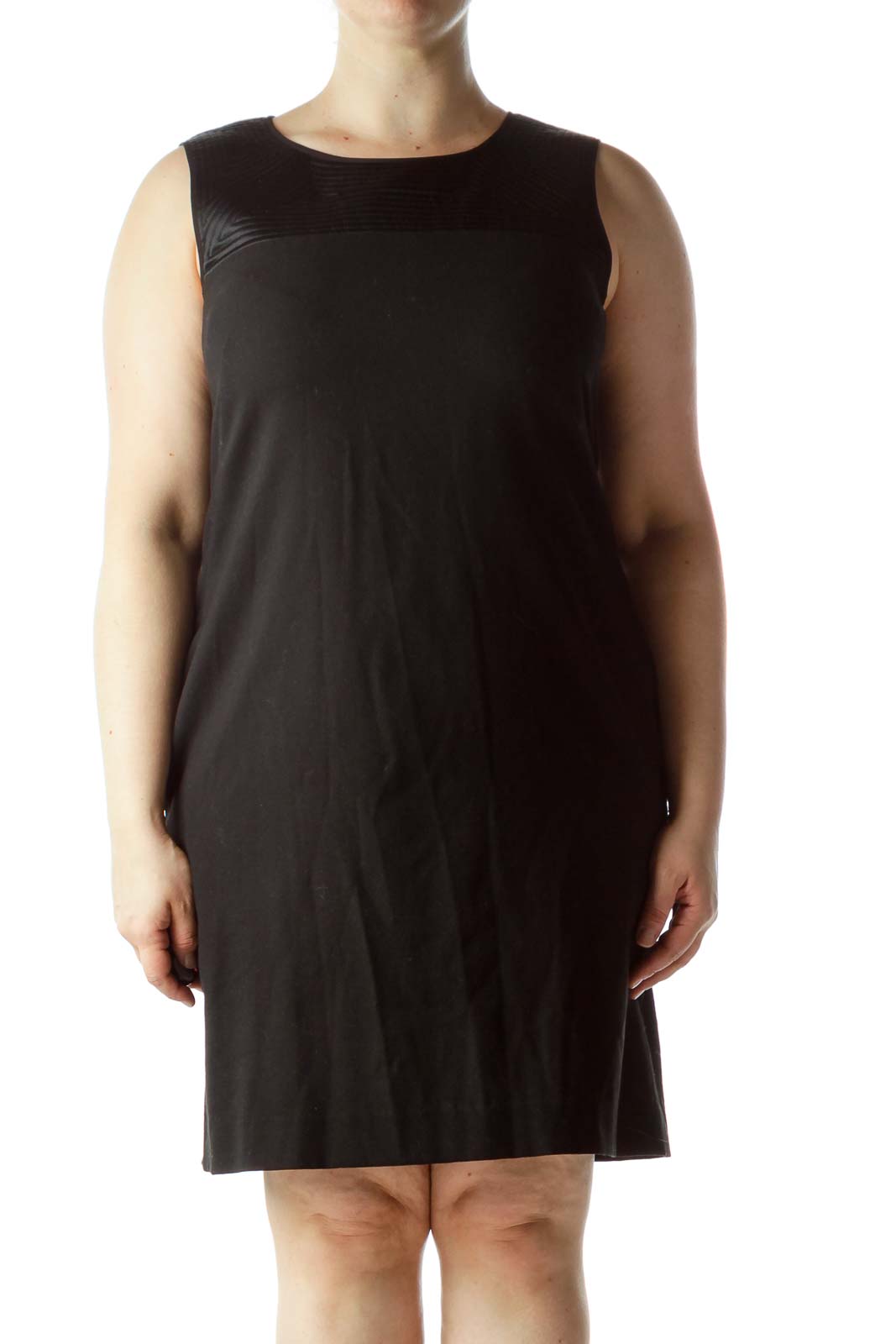 Front view of DKNY black sleeveless sheath dress on model