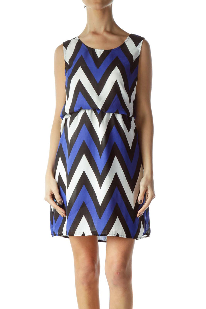 Black Blue White Geometric Print Sleeveless Day Dress