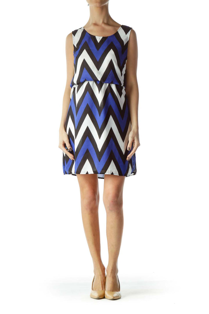 Black Blue White Geometric Print Sleeveless Day Dress