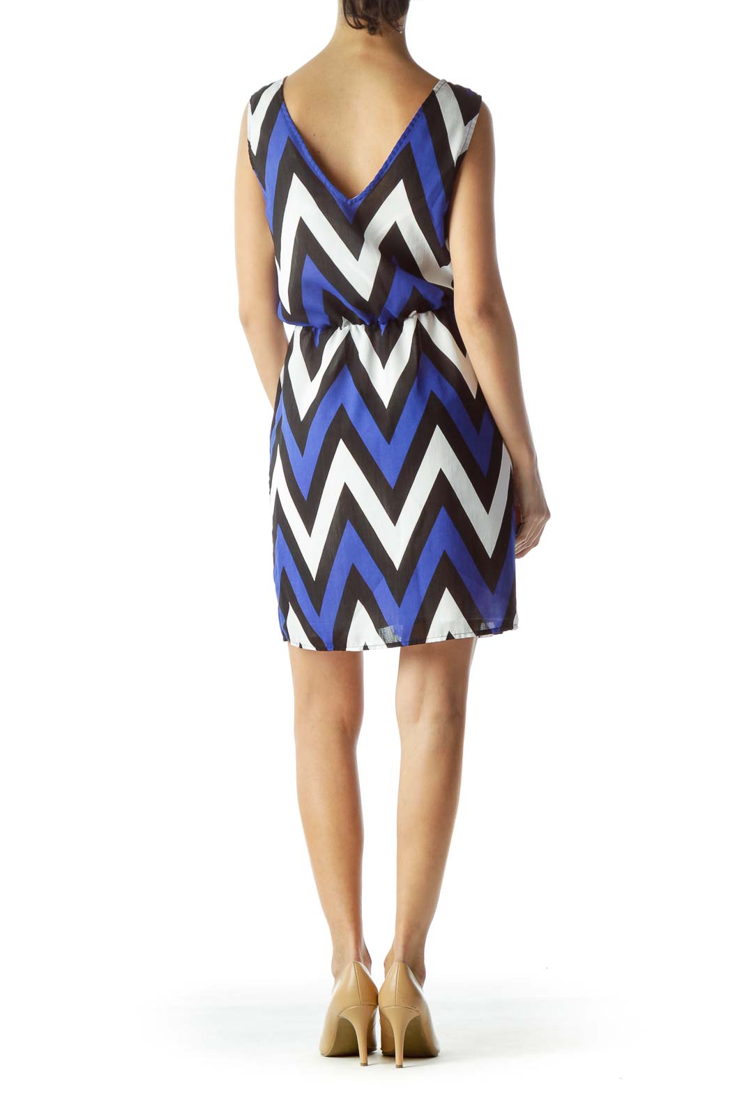 Black Blue White Geometric Print Sleeveless Day Dress