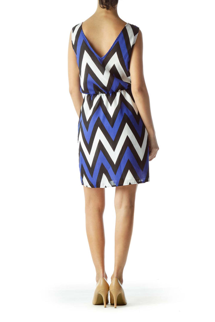 Black Blue White Geometric Print Sleeveless Day Dress