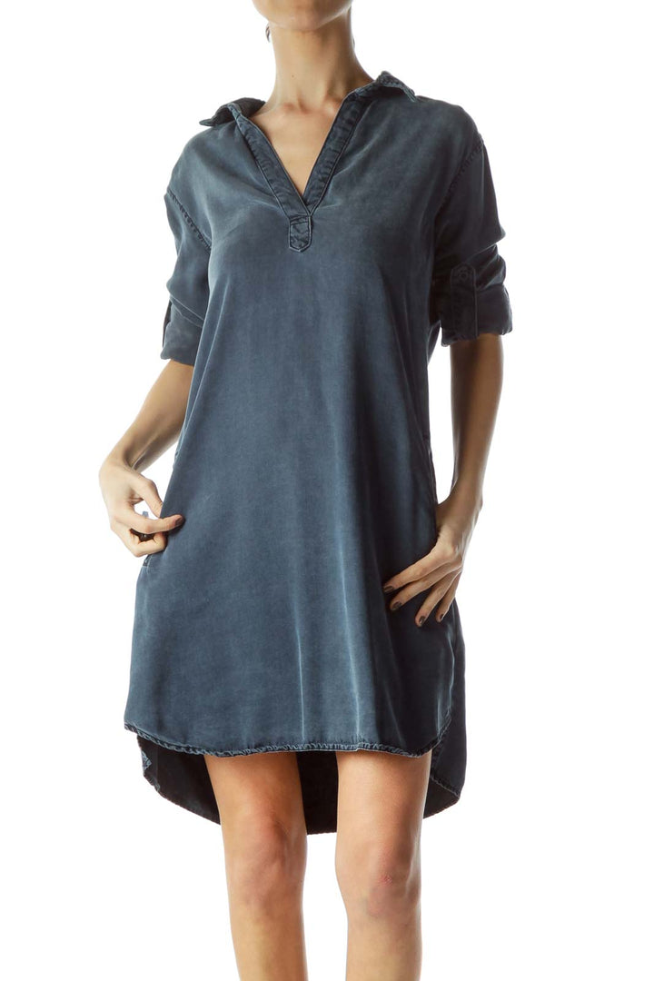 Blue Medium-Wash Rolled-Up Sleeves Denim Dress