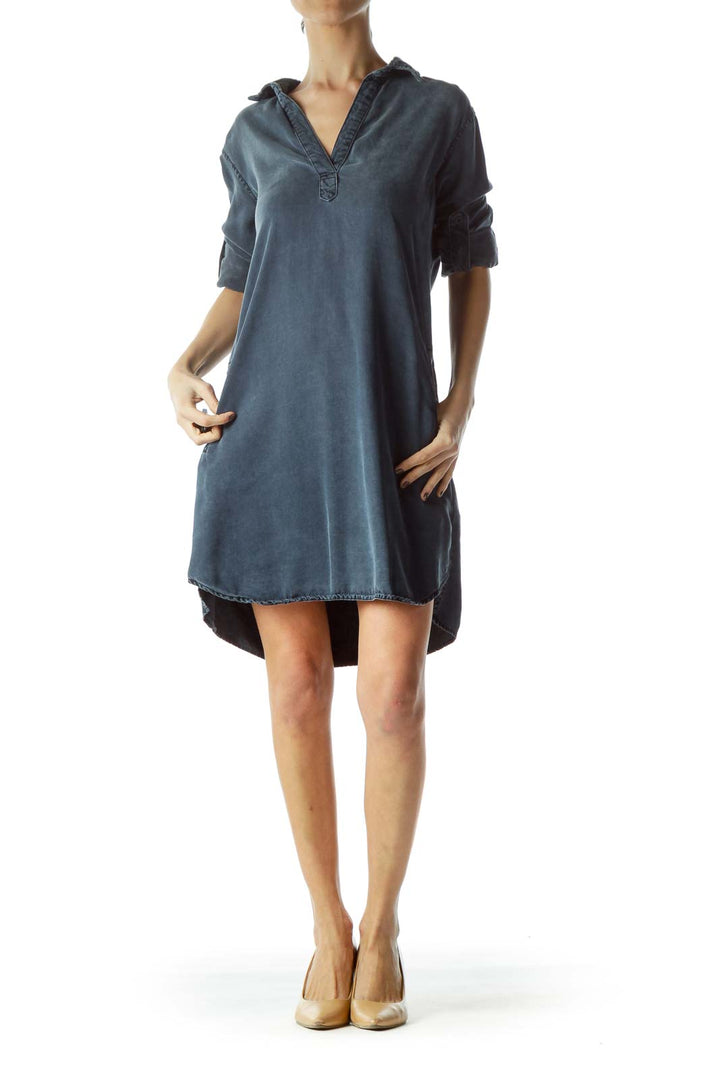 Blue Medium-Wash Rolled-Up Sleeves Denim Dress