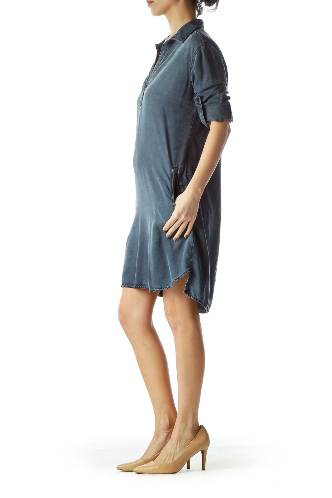 Blue Medium-Wash Rolled-Up Sleeves Denim Dress