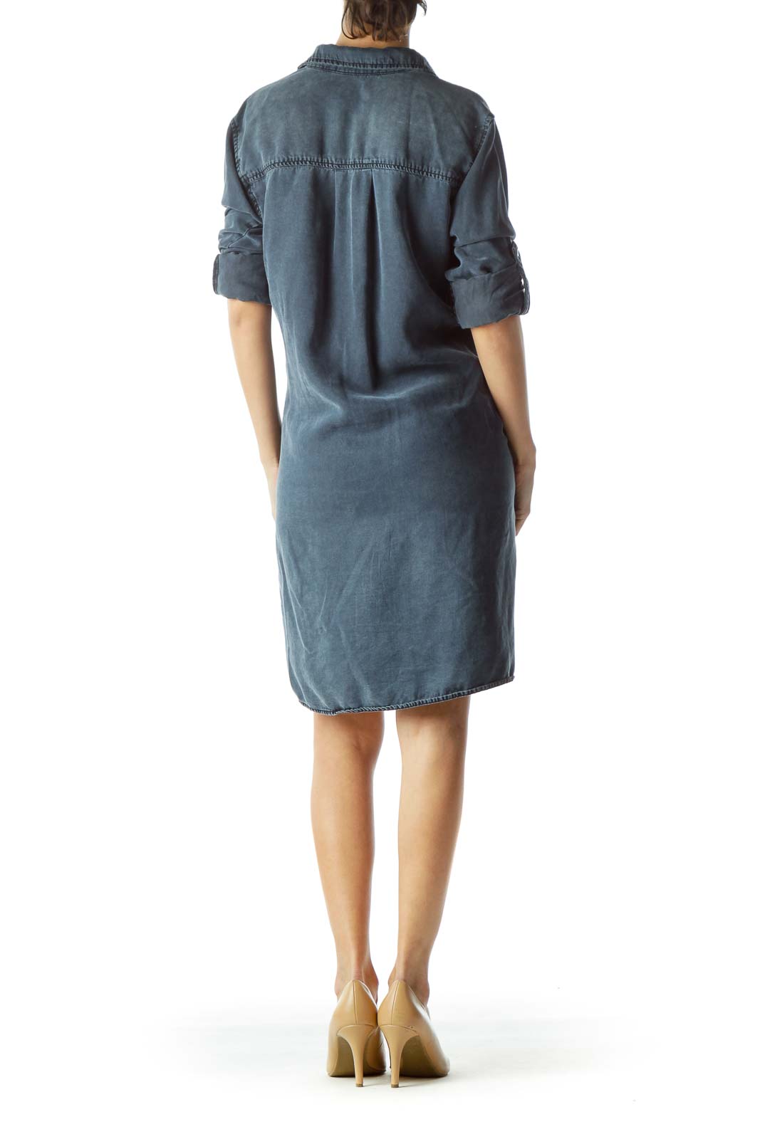 Blue Medium-Wash Rolled-Up Sleeves Denim Dress