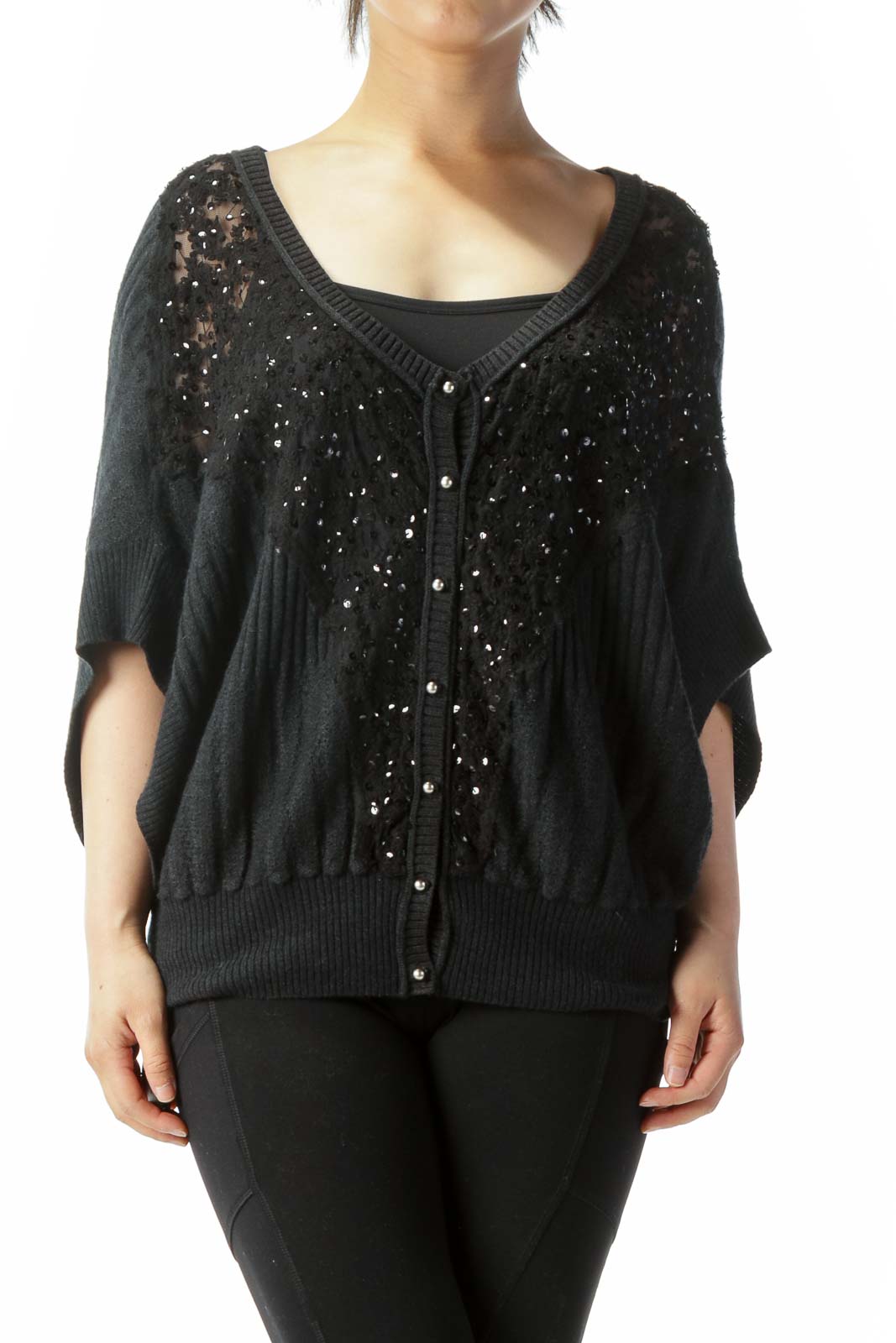 Front view of Free People black sequined batwing cardigan with button-front closure