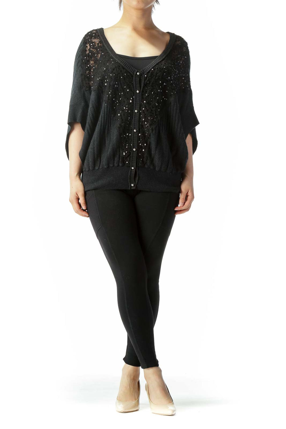 Front view of Free People black sequined batwing cardigan with button-front closure