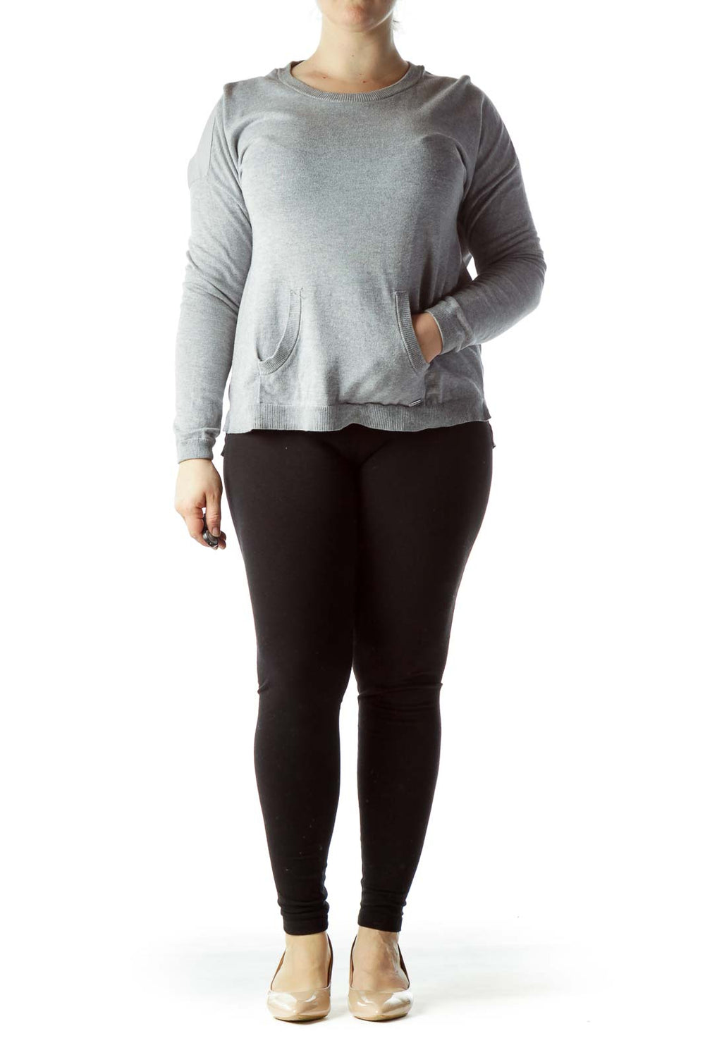 Front view of Calvin Klein gray long-sleeve crewneck sweater with front pockets