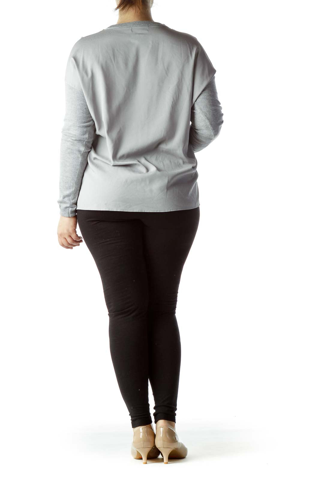 Back view of Calvin Klein gray long-sleeve crewneck sweater on model